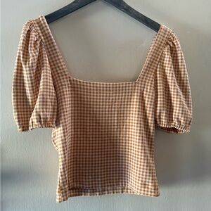 Checkered Puff Sleeve Blouse - Tan